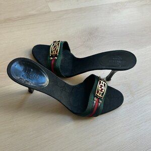 Gucci Black & Green Webbing Slingback Heels